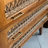 Old vintage wooden and rattan chest of drawers