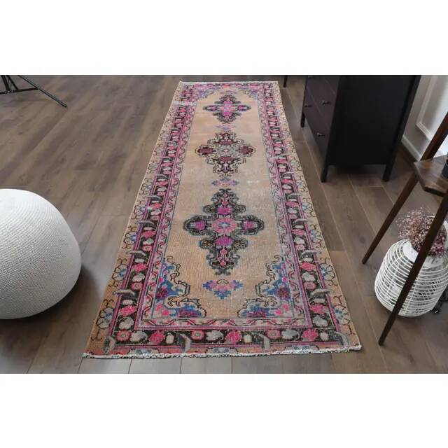 1970s Vintage Turkish Oushak Handmade Wool Cotton Orange Runner Rug 107x319