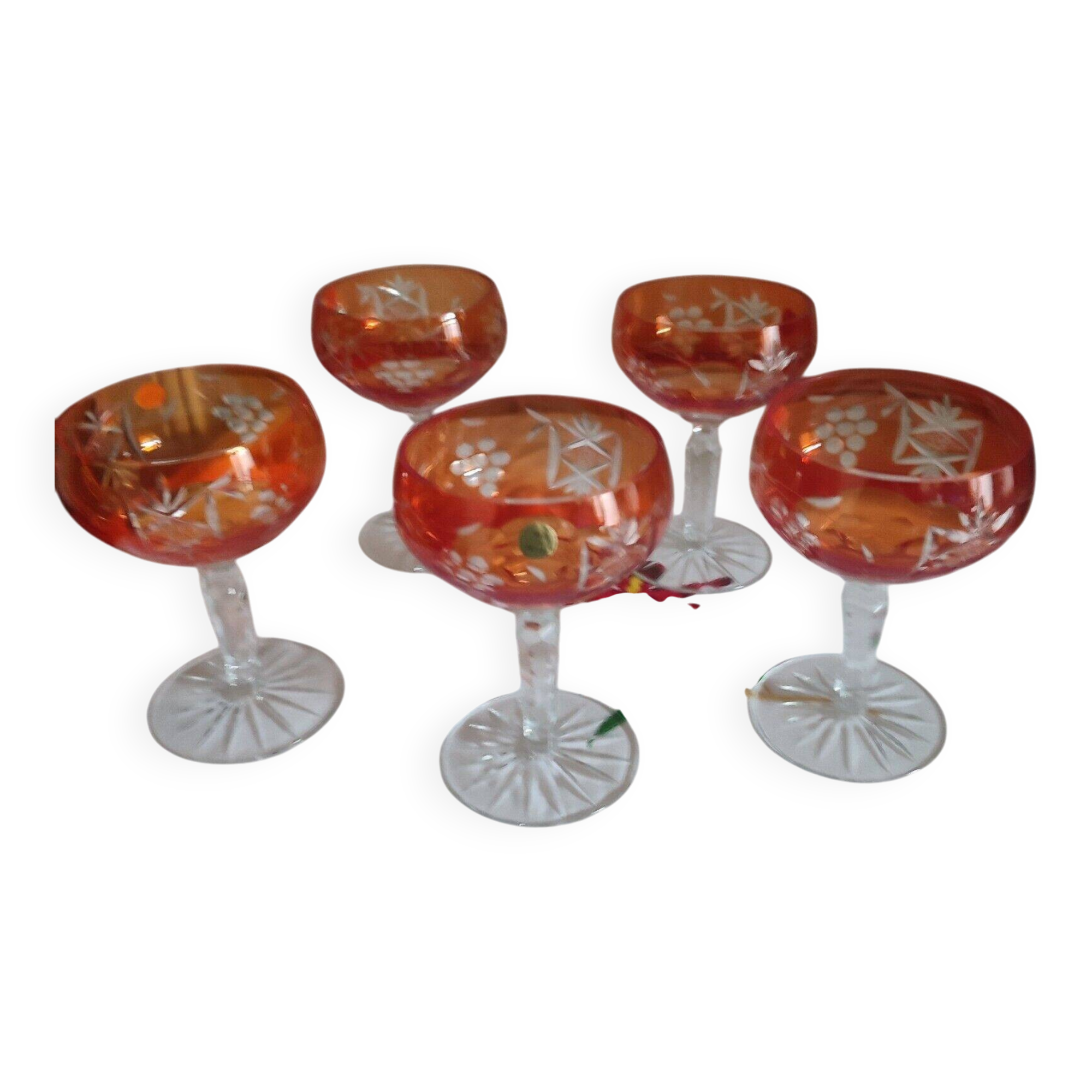 Five antique orange cut crystal champagne glasses with grape cluster decoration Poland