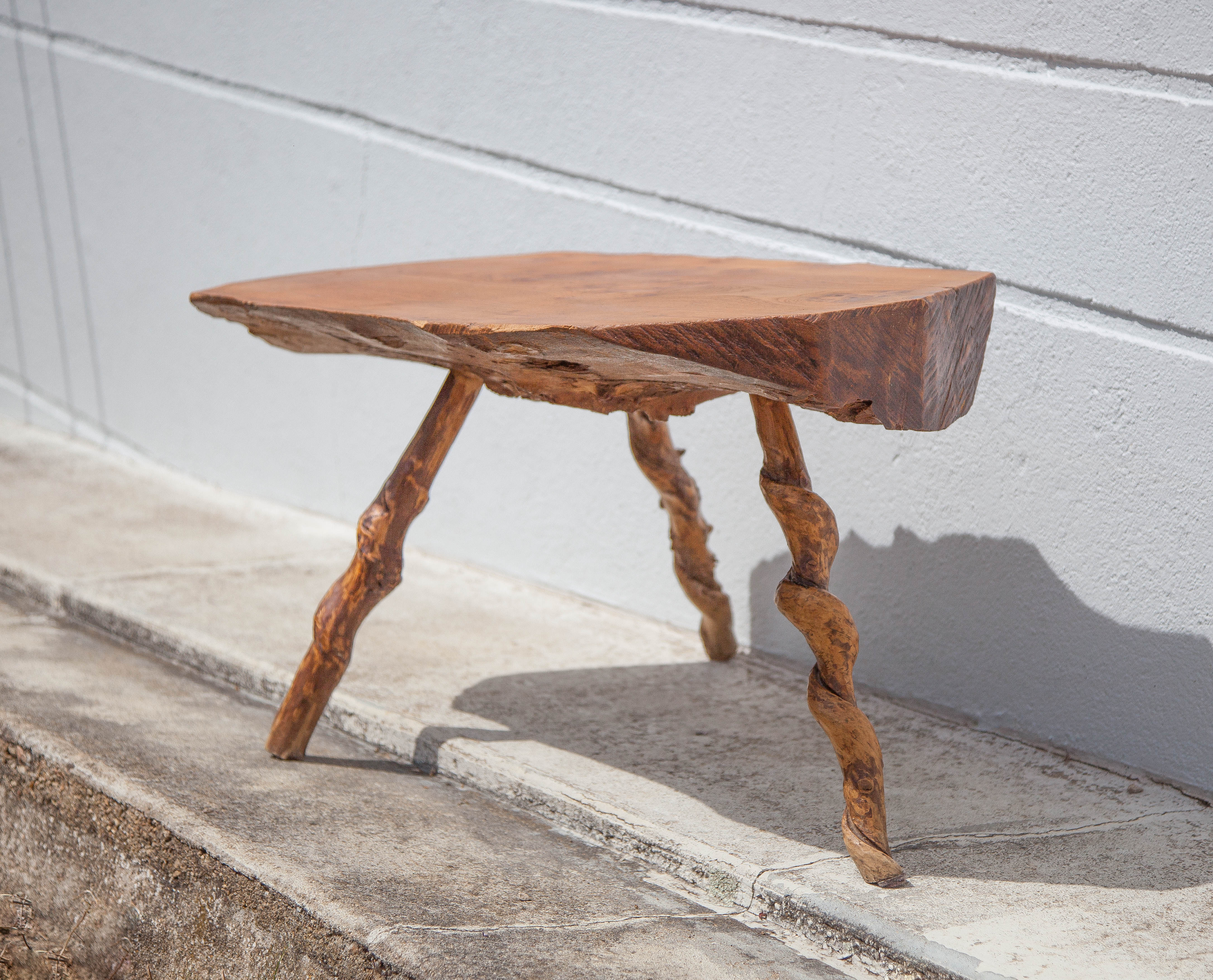 Tripod wood table, root table, natural wood table, vintage coffee table, brutalist