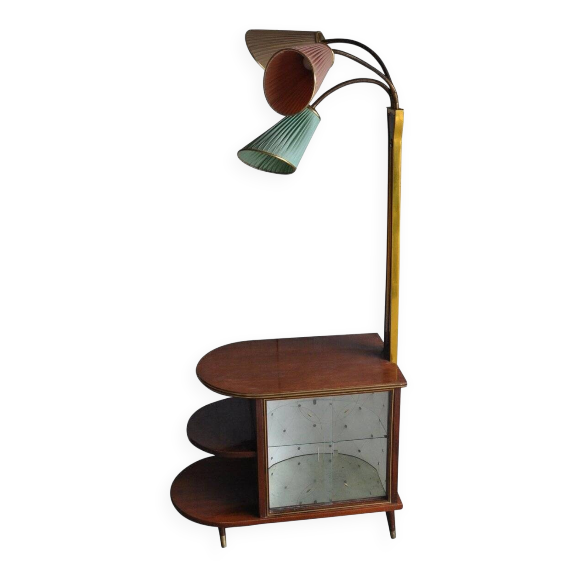 Illuminated cocktail cabinet in brown walnut and brass, multicoloured lampshades, 1950s.