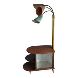 Illuminated cocktail cabinet in brown walnut and brass, multicoloured lampshades, 1950s.