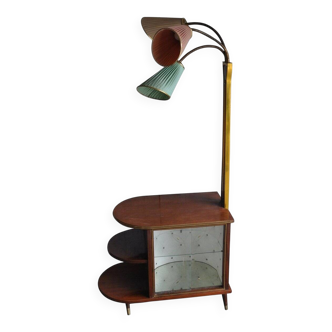 Illuminated cocktail cabinet in brown walnut and brass, multicoloured lampshades, 1950s.