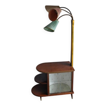 Meuble cocktail éclairé en noyer marron et laiton, abat-jours multicolores, années 1950