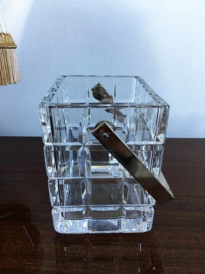 Very graphic ice bucket in cut glass and chrome handle