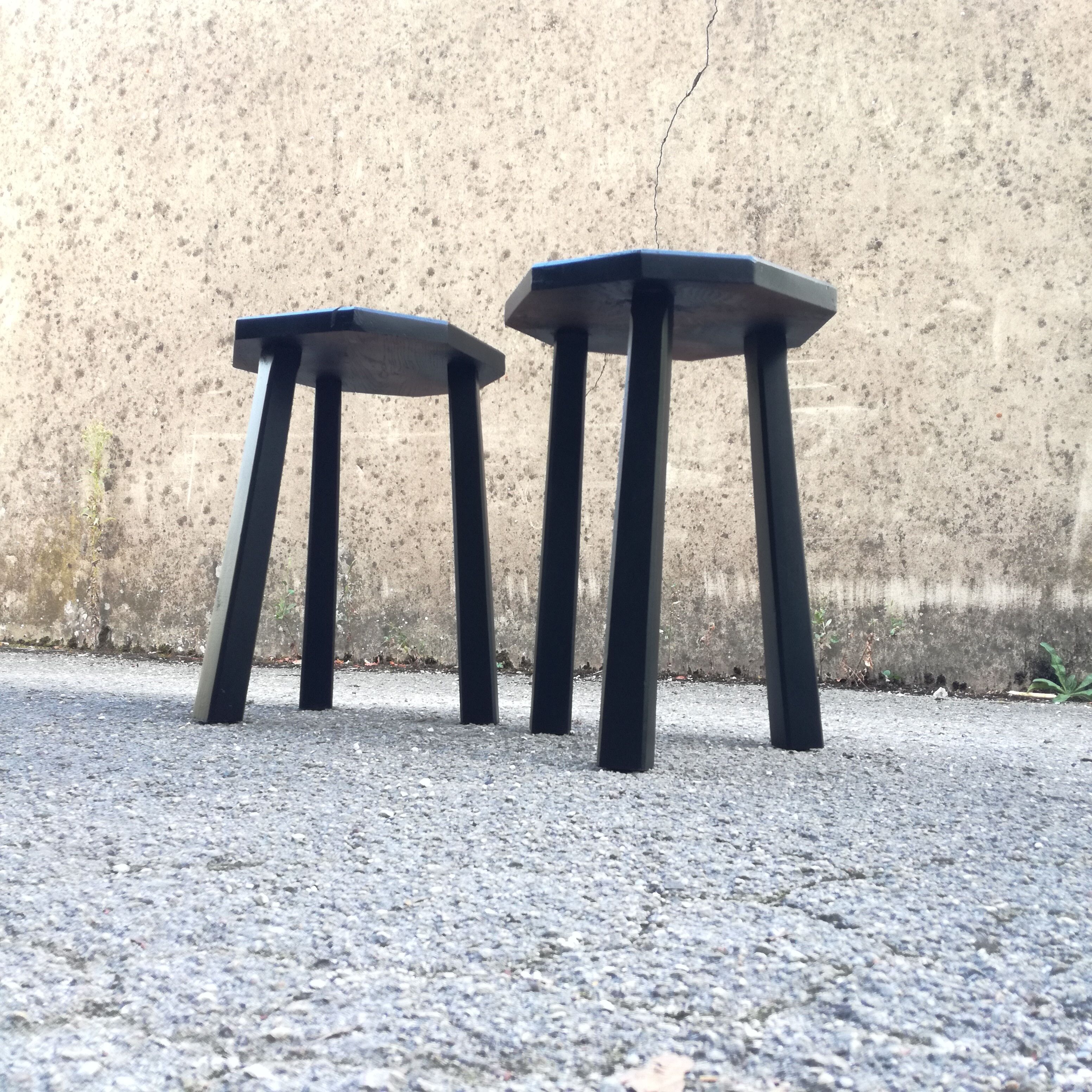 Black brutalist wooden stools, set of 2