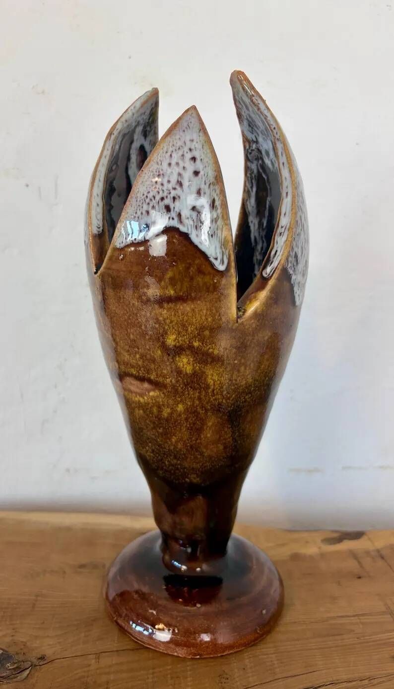 Vintage Mid-Century Modern Studio Pottery Tulip Lotus Bud Pedestal Vase - Earthen Brown & White Glaze