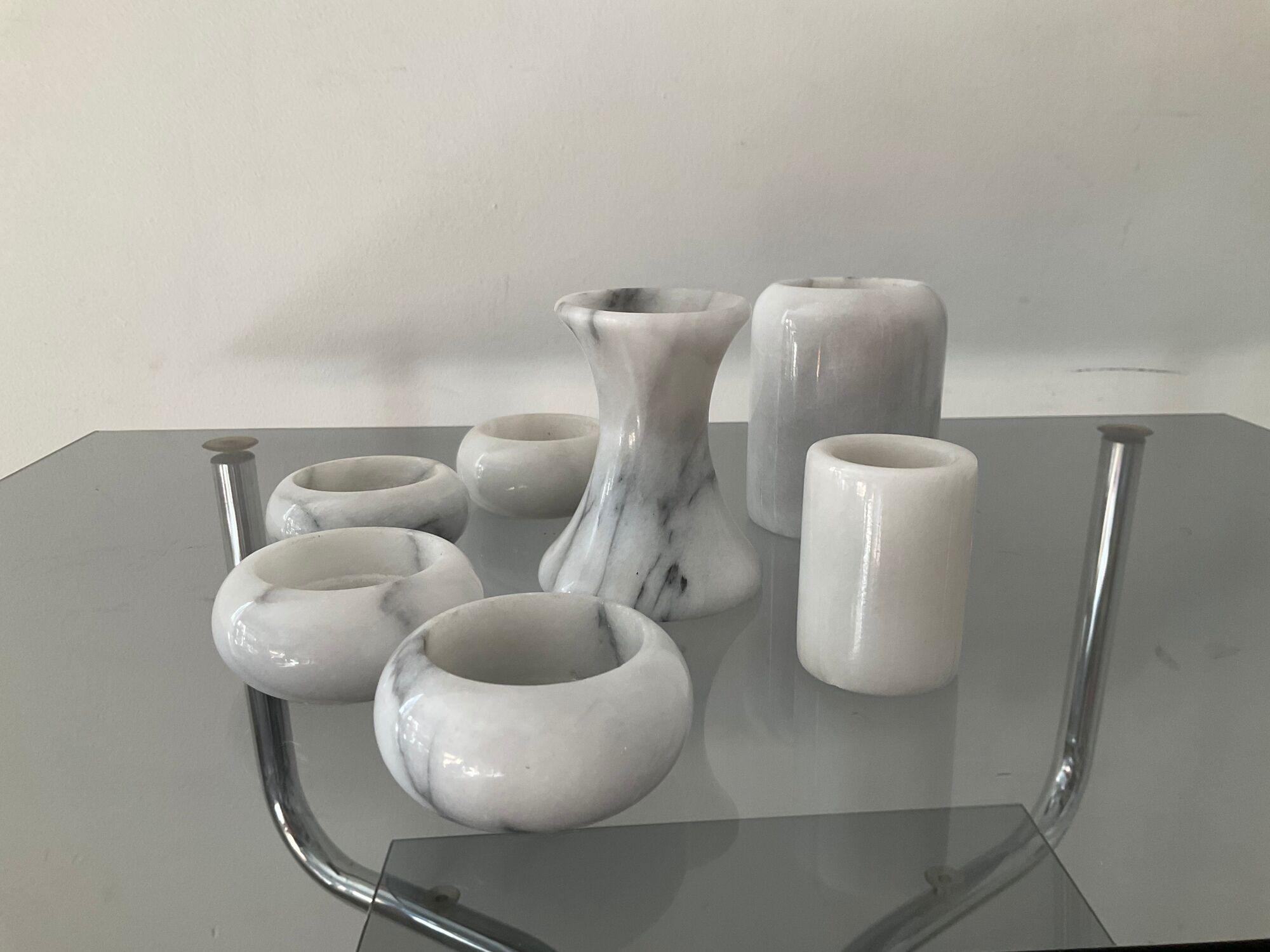 Series of 6 vintage candle holders in white marble 70s