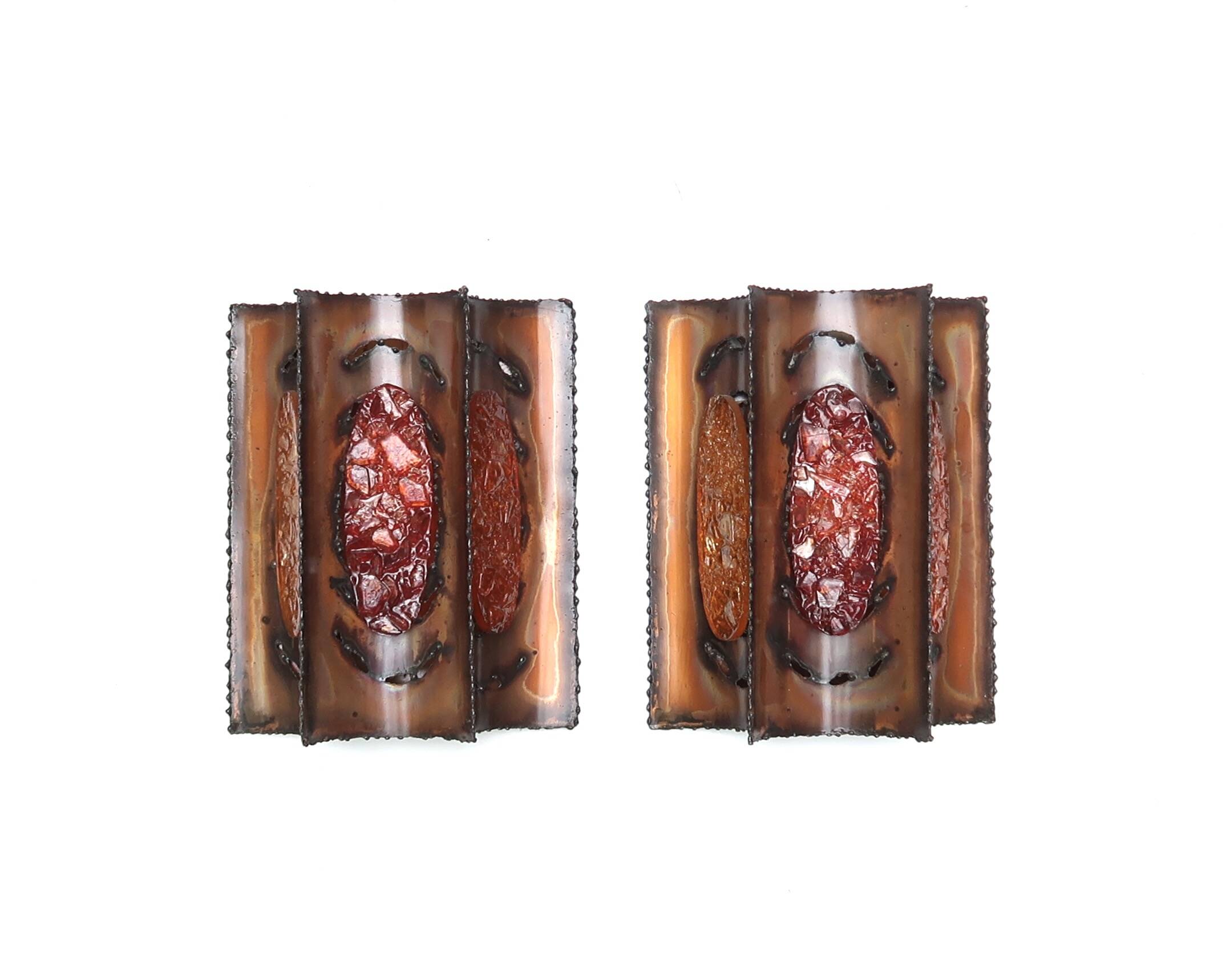 Pair of brutalist Accolay wall lights in copper and resin, 1960s