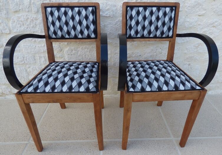 2 bridge armchairs in solid wood with totally restyled fabrics