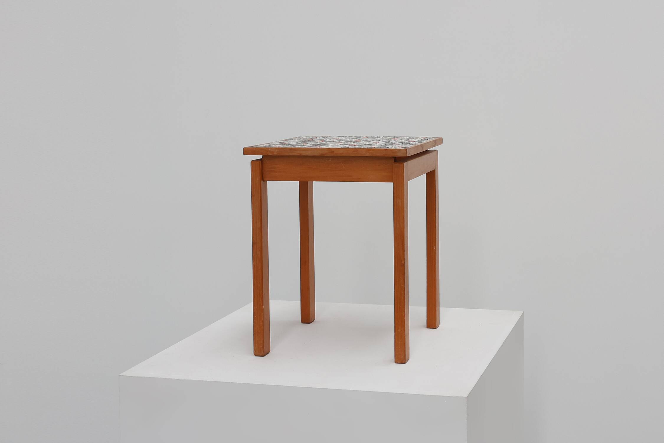 Vintage side table in pine wood tiled with mosaic, Belgium 1950s