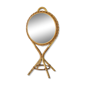 Miroir rond de table double face sur pied en rotin vintage