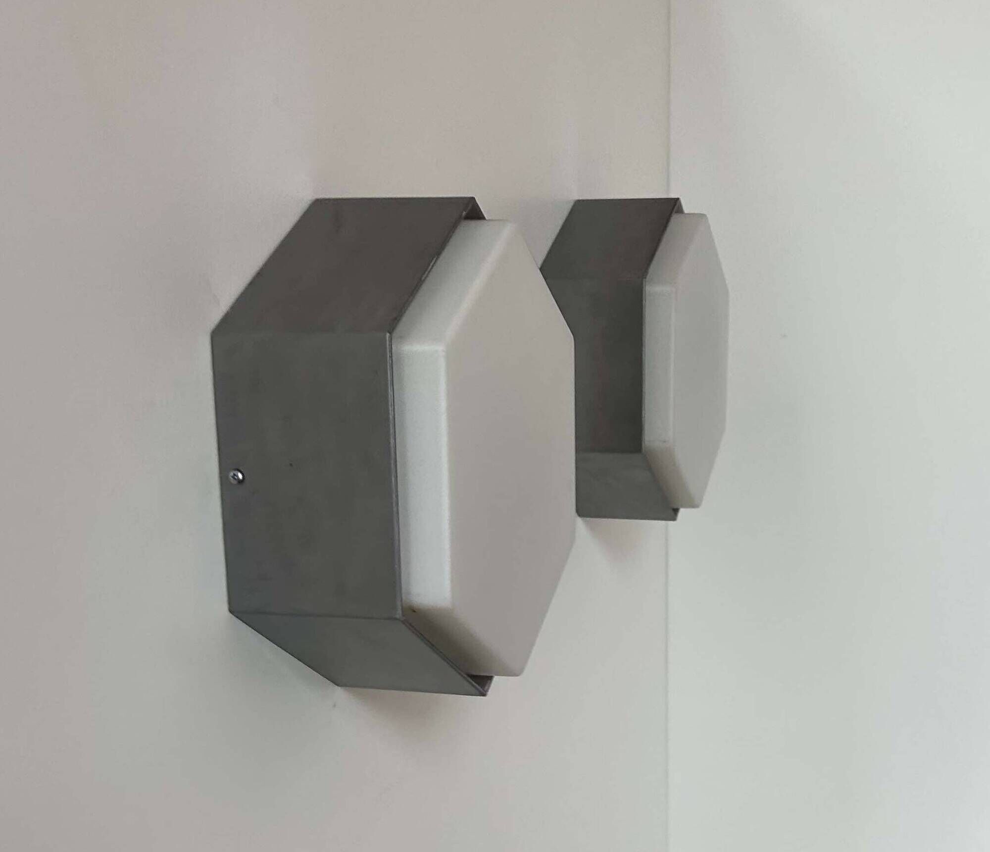Pair of vintage opaline and metal wall lights, Raak Holland 1970