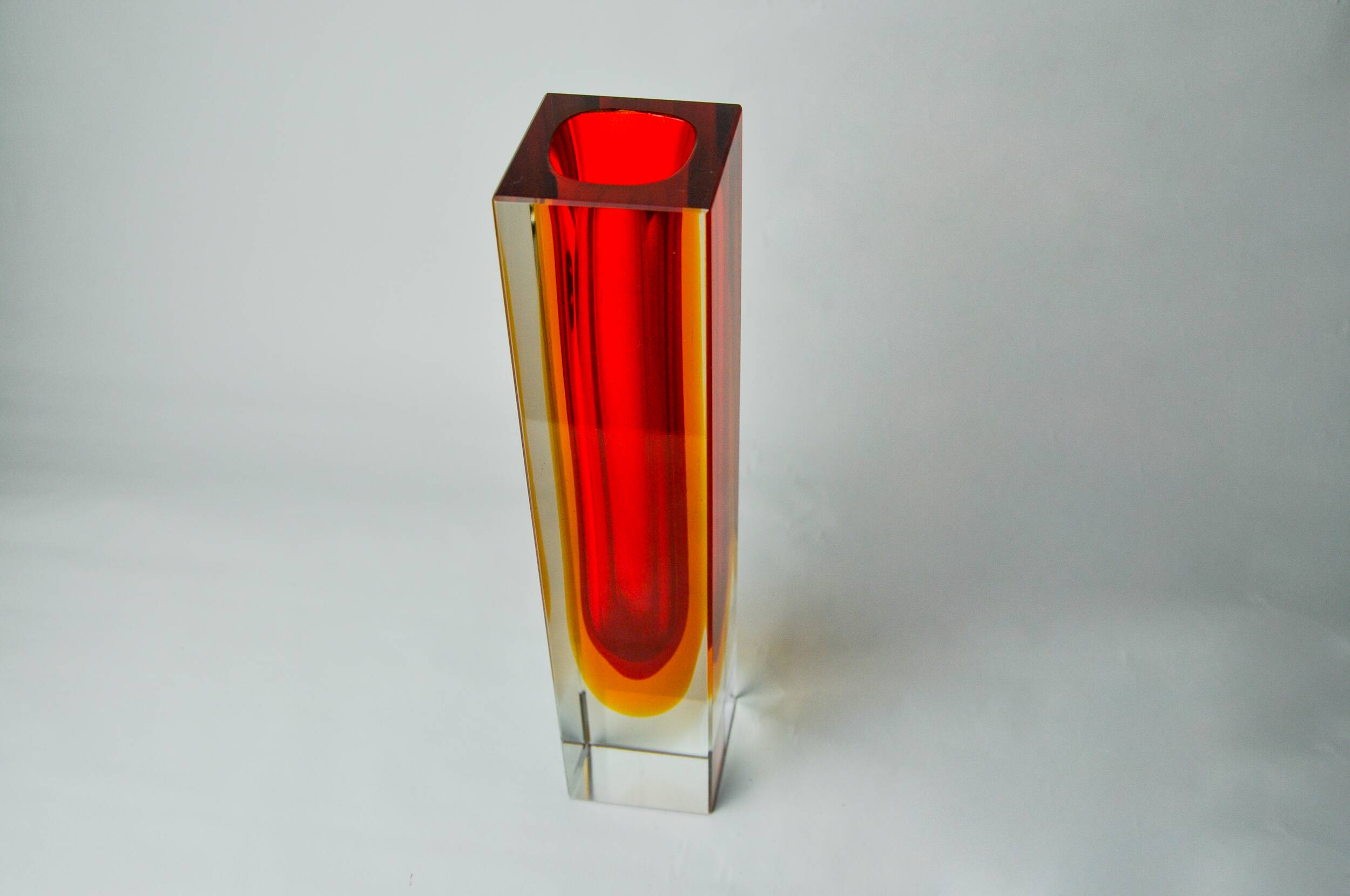 Red and yellow cubic Sommerso vase by Flavio Poli for Seguso, Murano, Italy, 1970