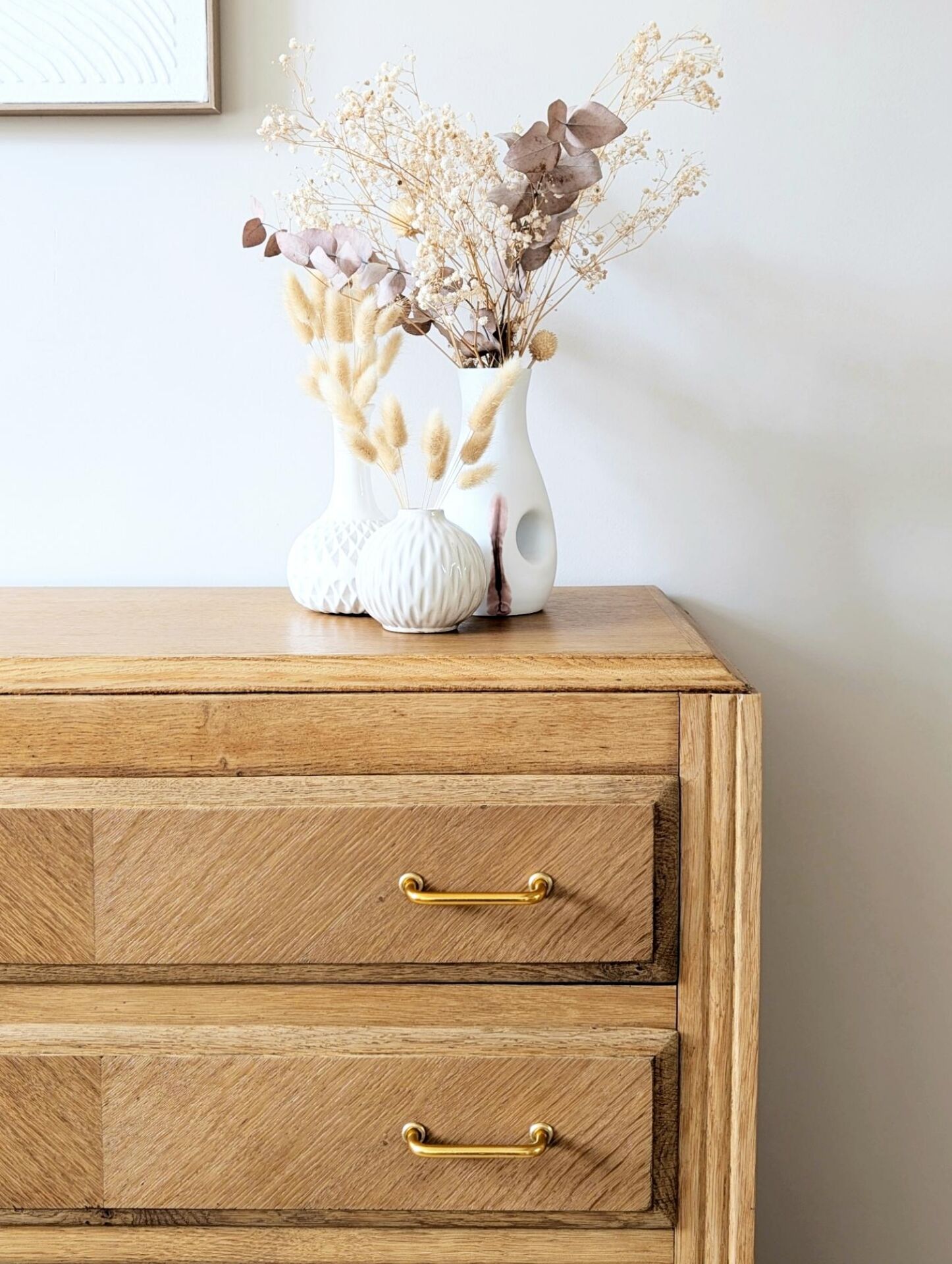 Commode vintage rénovée, chêne blond, pieds compas, années 50 60