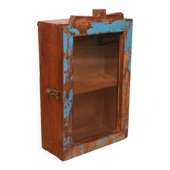 Burmese teak wall display case with original polychrome patina