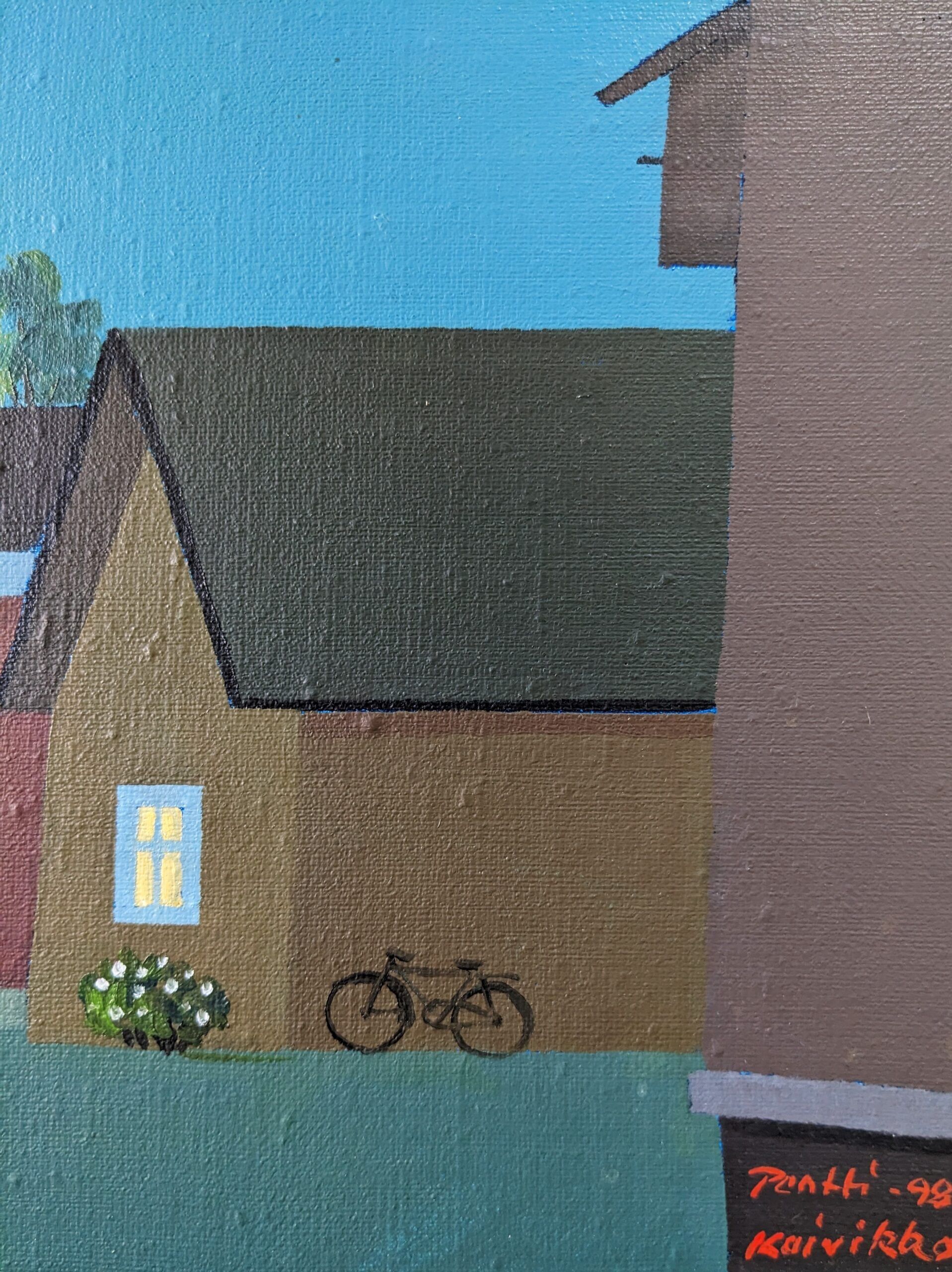 Contemporary Modernist Style Swedish "Houses at Midnight" Framed Street Scene Oil Painting, 1998