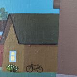 Style moderniste contemporain suédois « Maisons à minuit » Peinture à l’huile encadrée de scène de rue, 1998