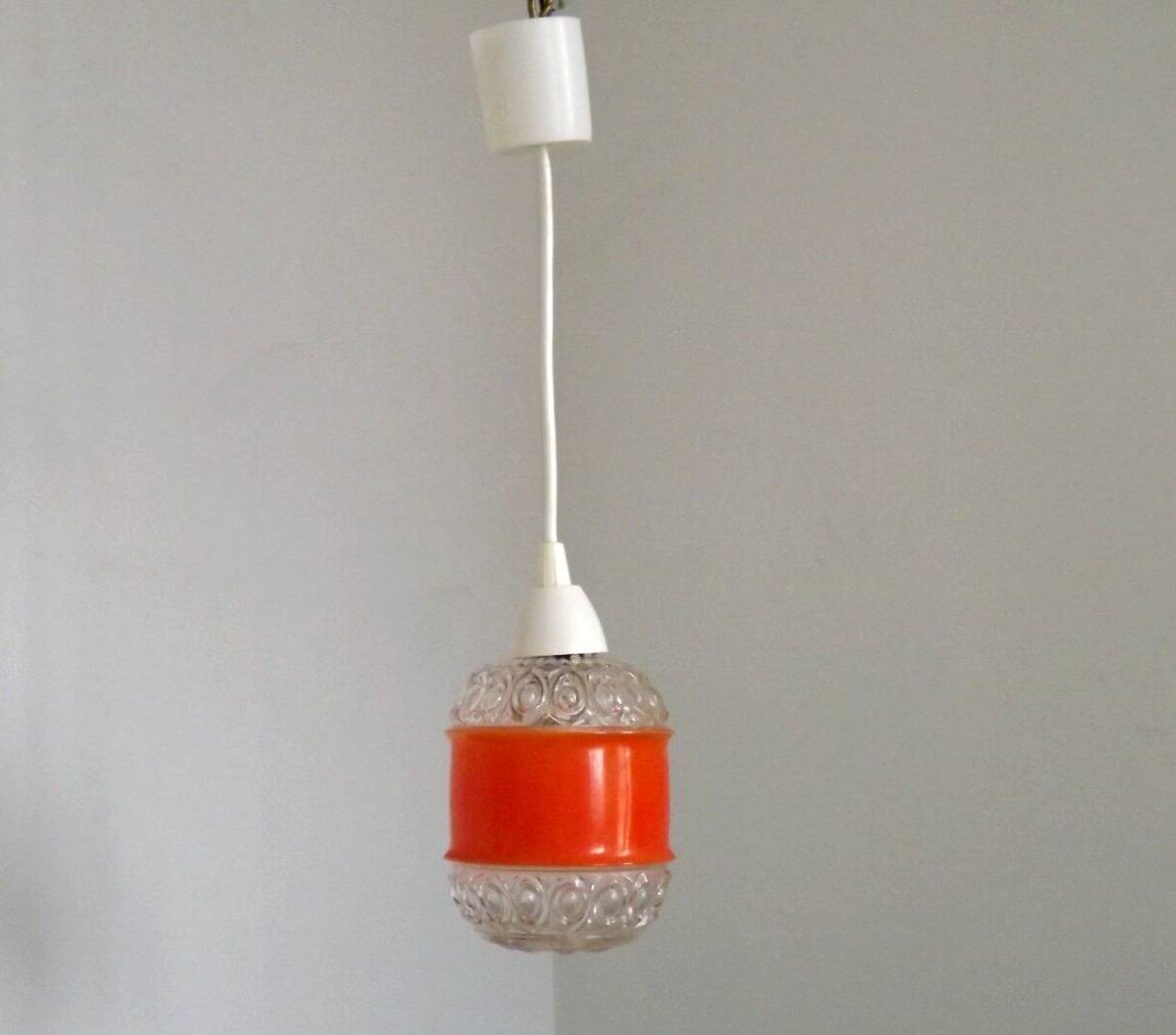 French vintage pendant light clear decorative glass shade with orange band 4449