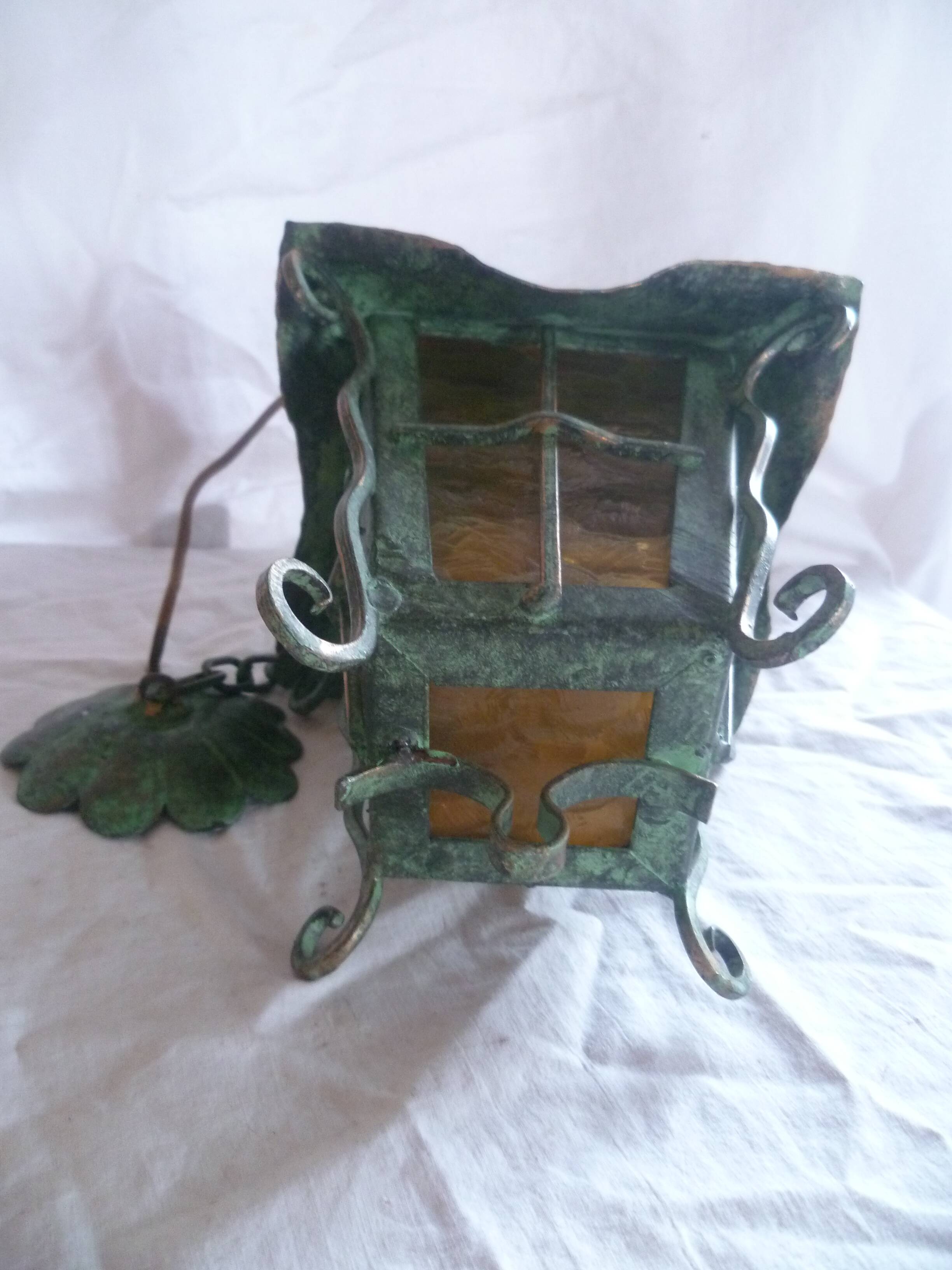 HAND WROUGHT IRON LANTERN WITH BRONZE PATINA 60'S