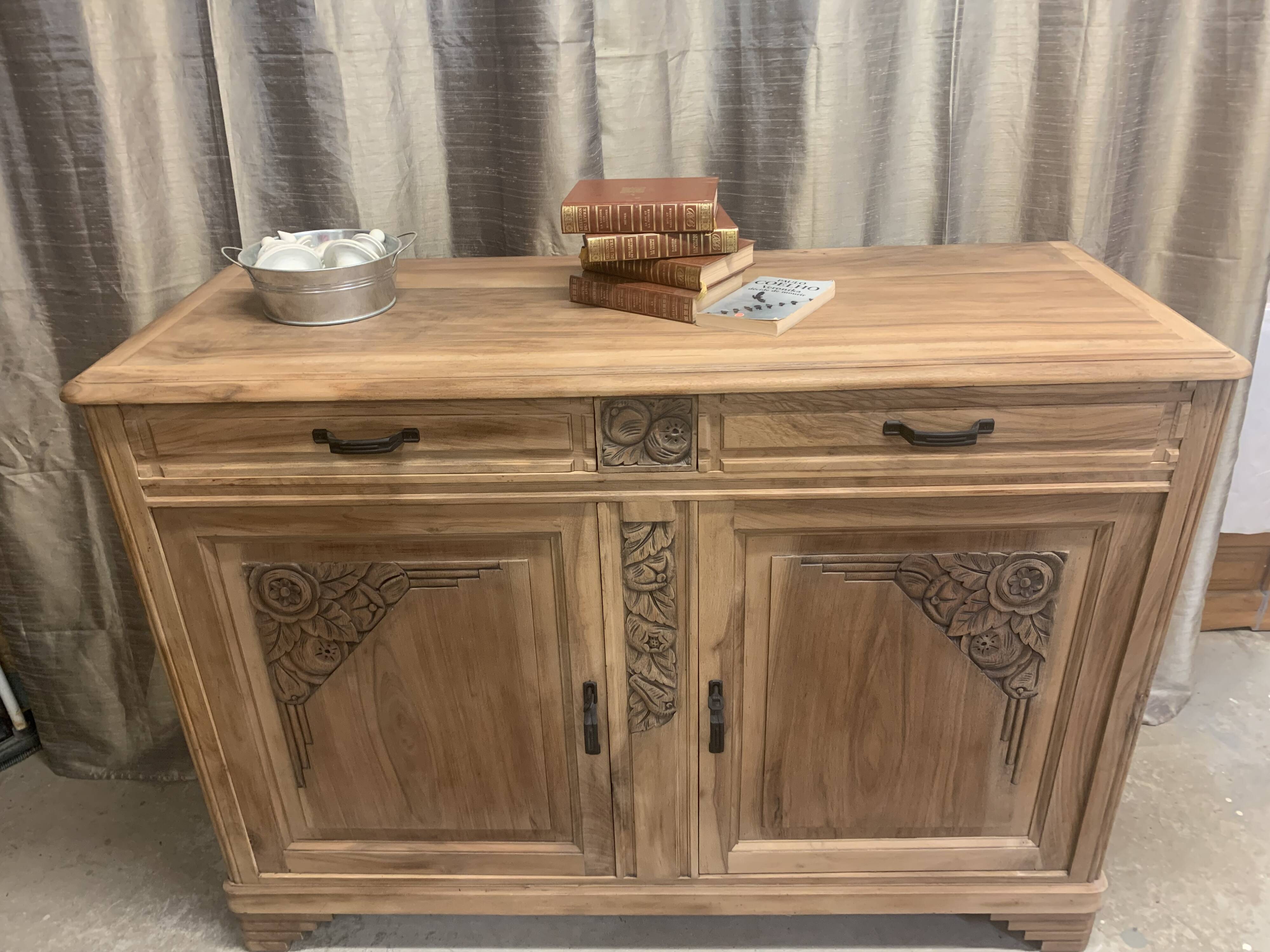 Art Deco raw wood sideboard in solid walnut