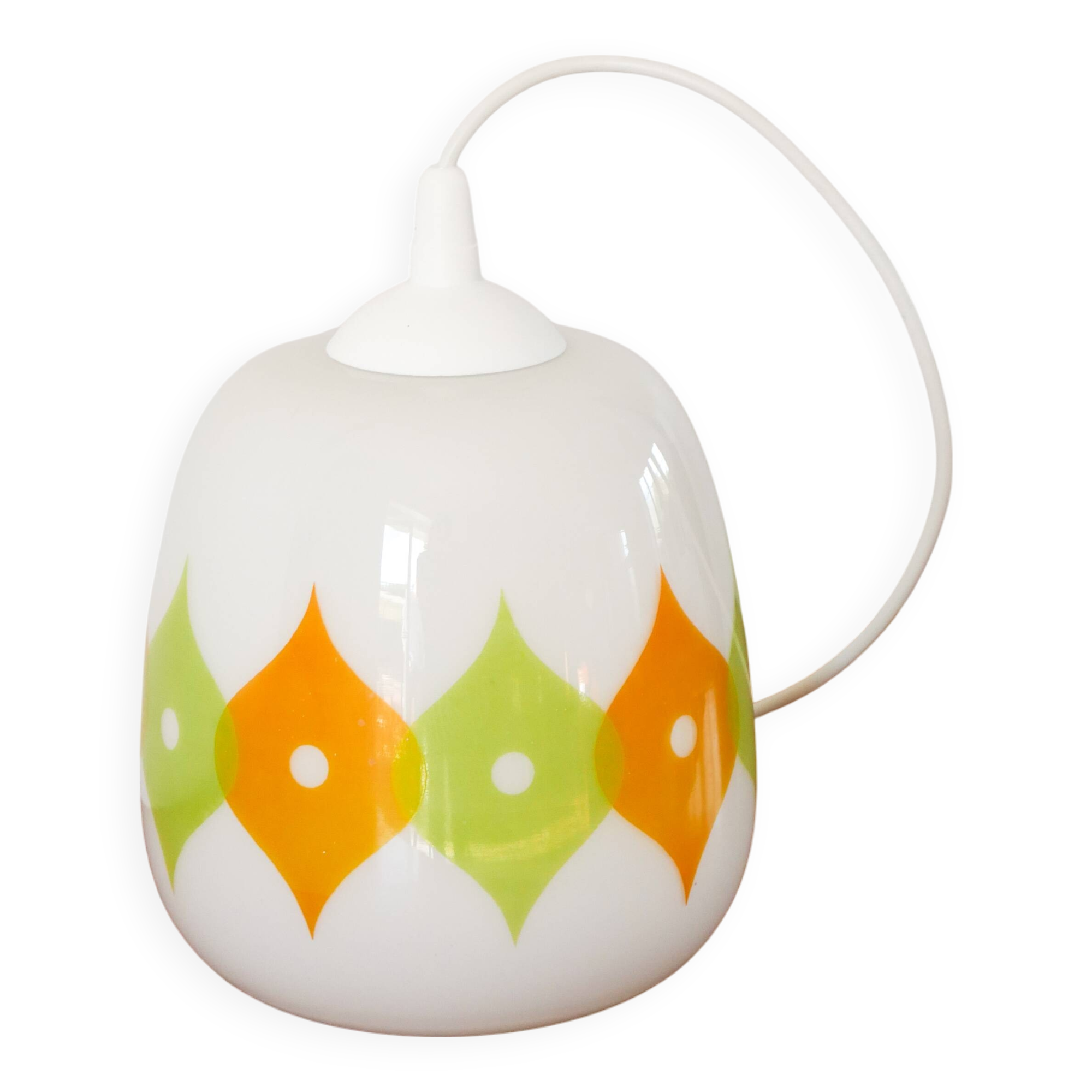 Suspension globe en opaline, à motifs psyché, blanc, vert et orange, 1970