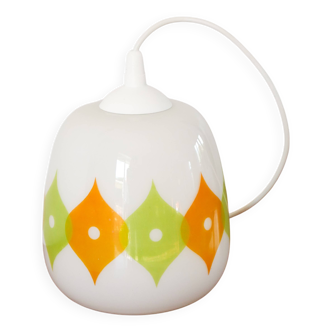 Opaline globe pendant light with psyche motifs, White, Green and Orange, 1970