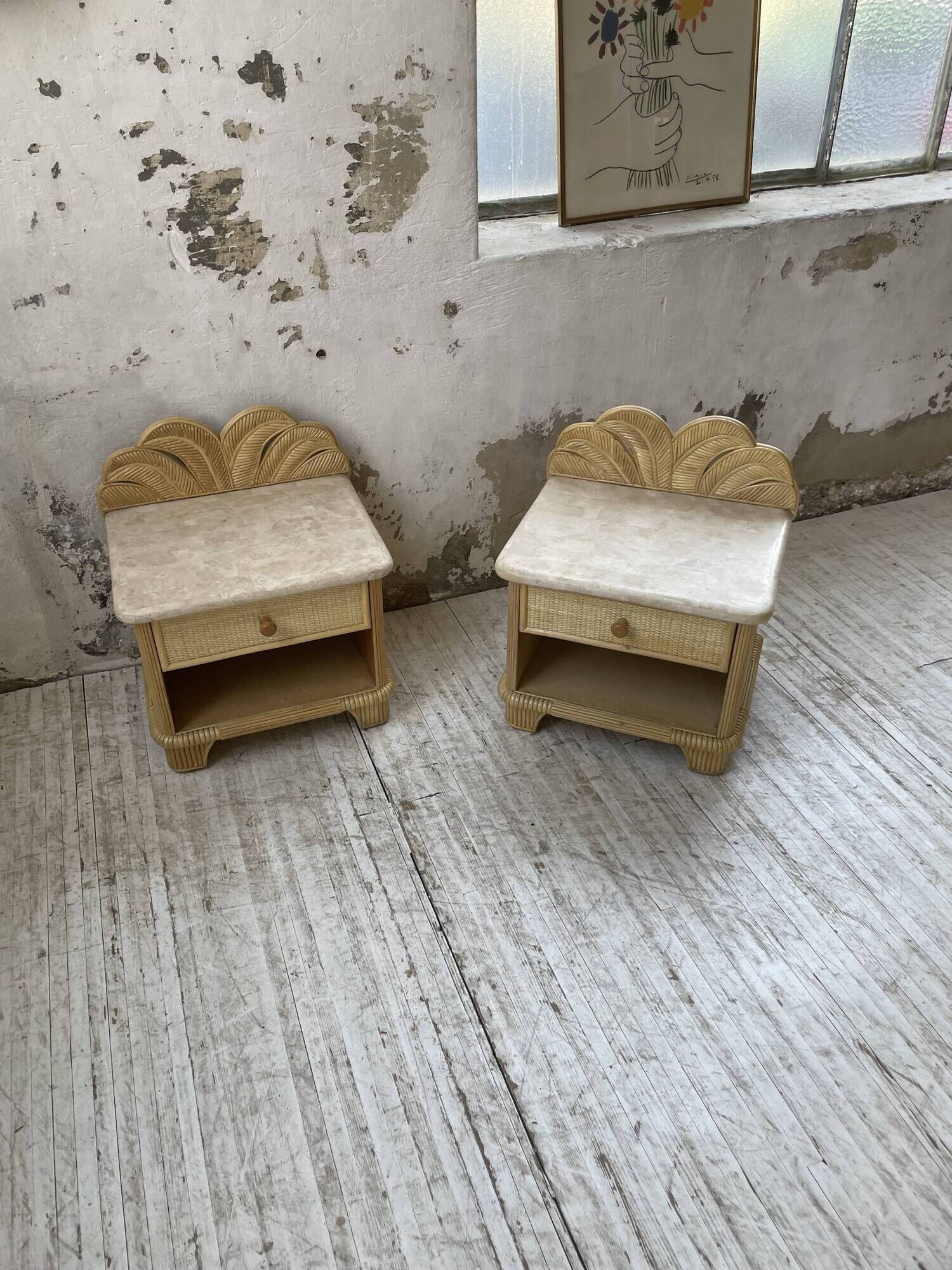 Pair of travertine bedside and rattan palm tree "vivai del sud"
