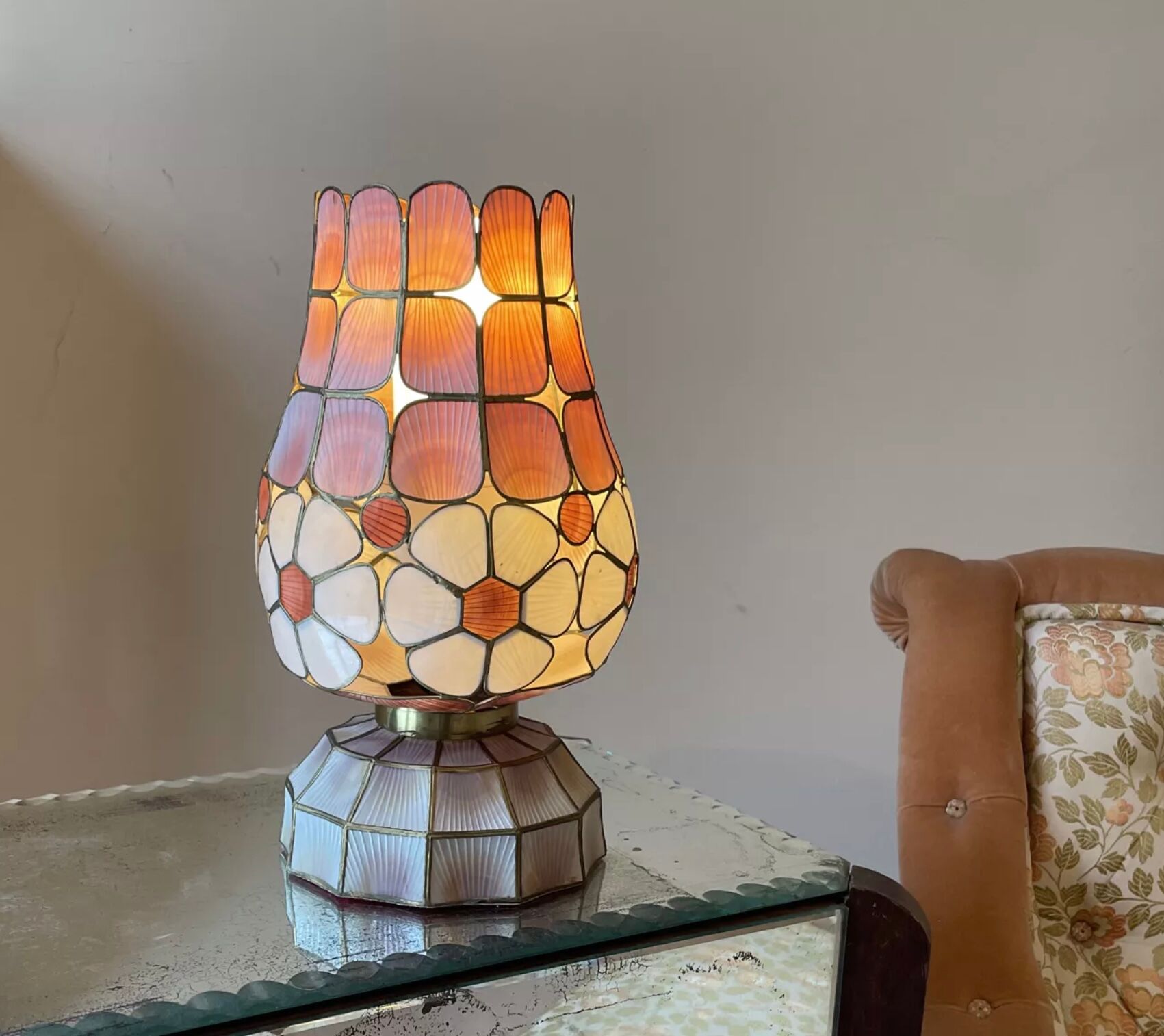 Vintage shell and brass lamp