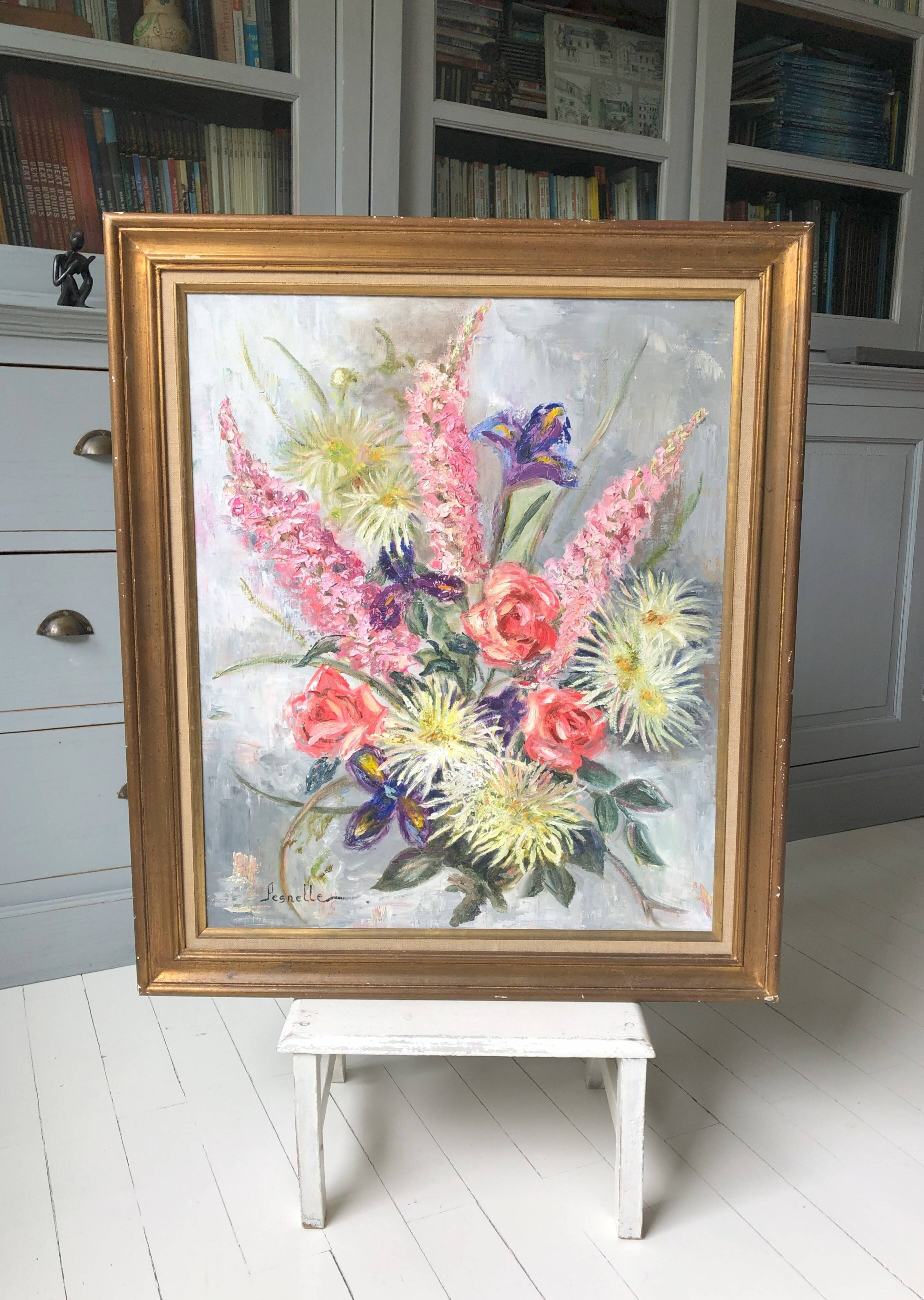 Old painting bouquet of pink flowers, iris, lupine, dahlia