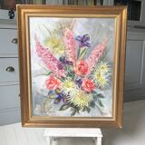 Old painting bouquet of pink flowers, iris, lupine, dahlia
