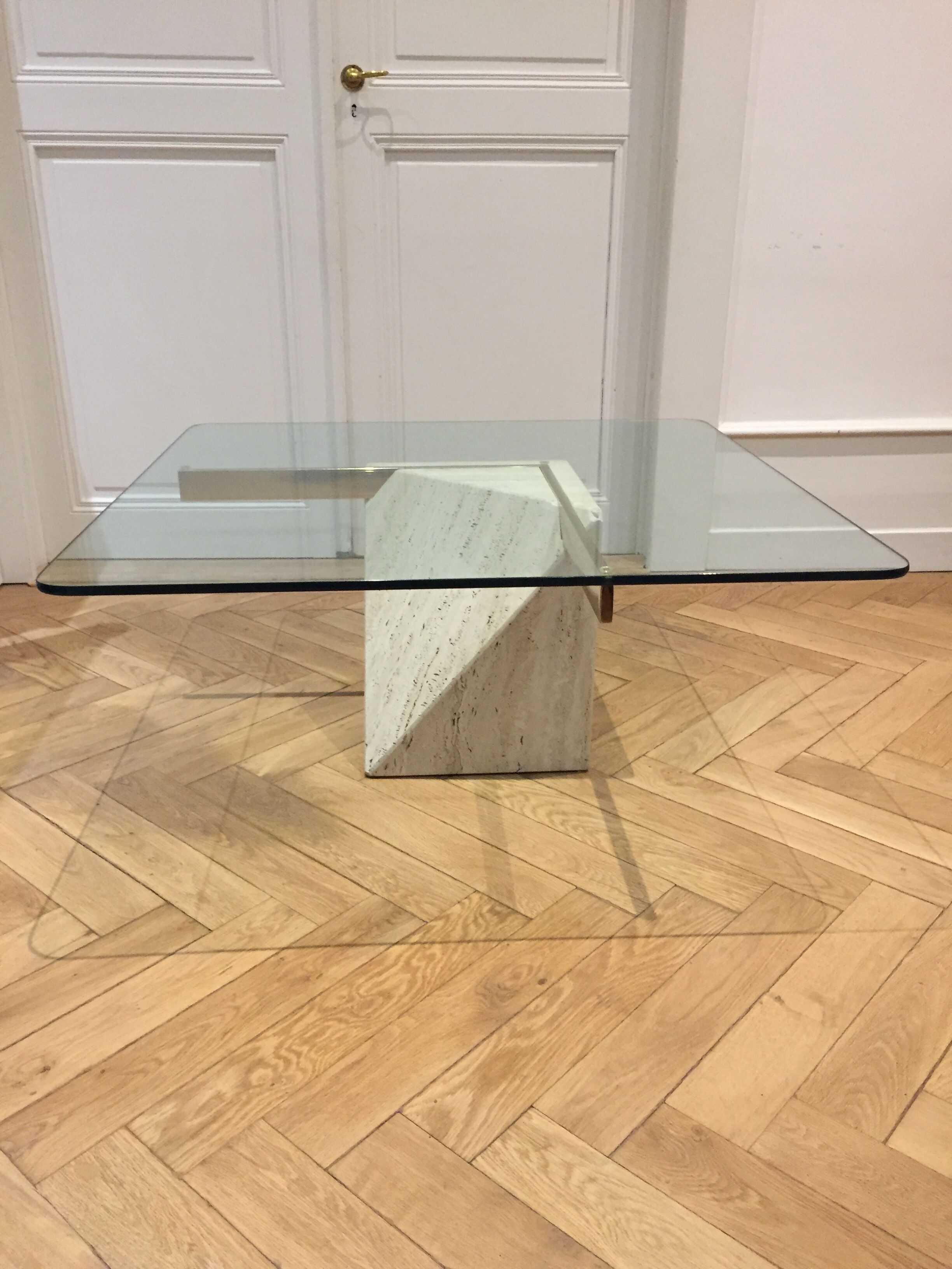 Artedi Italy coffee table in travertine, brass and glass 1970s
