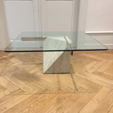 Artedi Italy coffee table in travertine, brass and glass 1970s