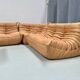 French camel brown leather Togo living room set attributed to Michel Ducaroy for Ligne Roset, set of 4