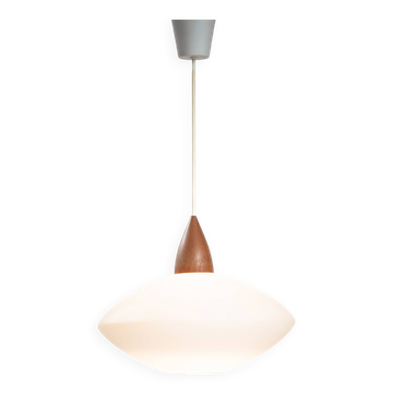 Uno & Östen Kristiansson white opaline teak pedant for Luxus, Sweden, 1950s