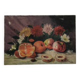 Oil on canvas still life with fruits and flowers by L. Parize 20th century