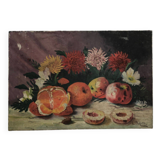 Huile sur toile nature morte aux fruits et aux fleurs par L. Parize XXe