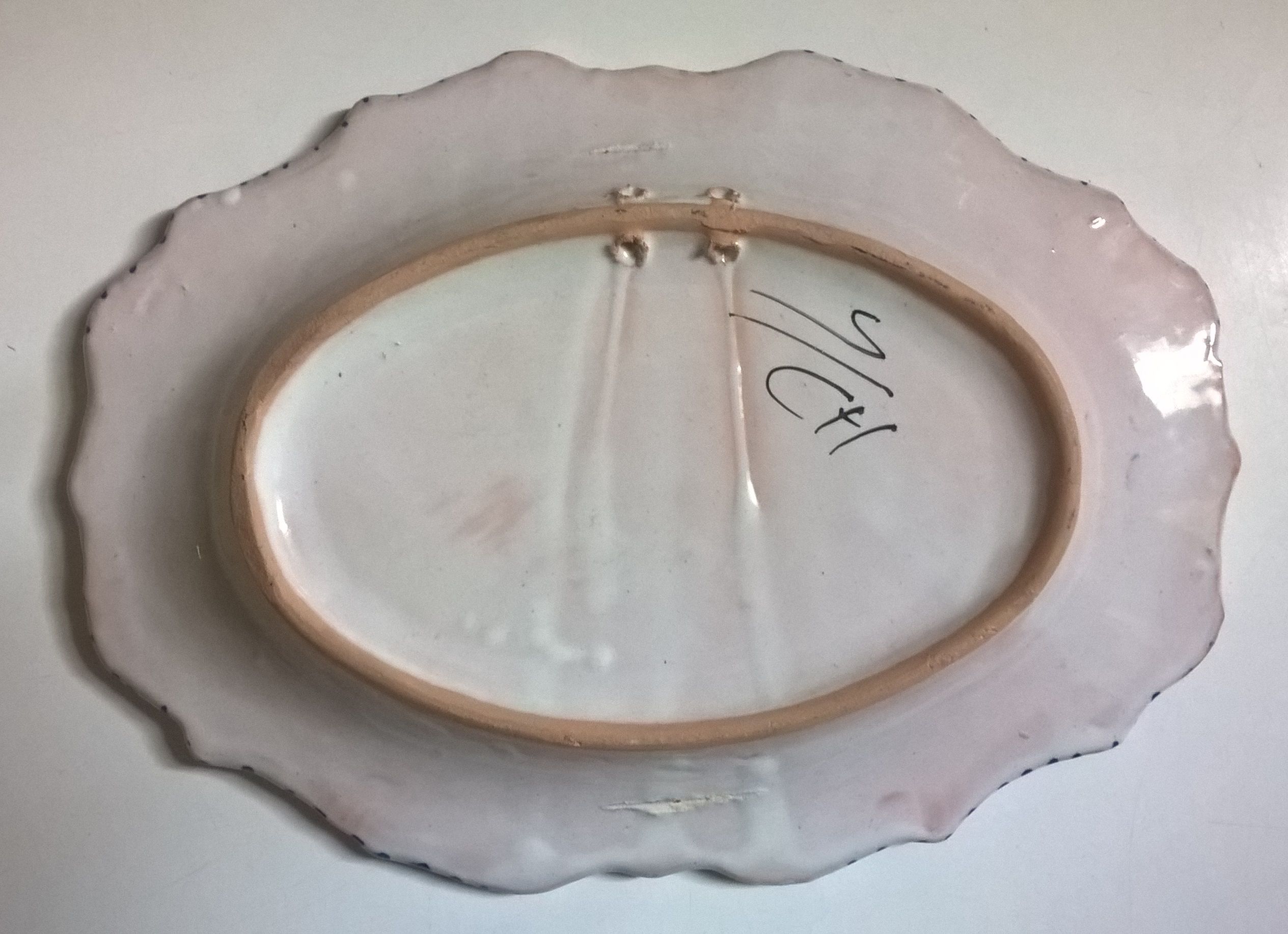 Old oval wall plate handmade and signed vintage floral decor