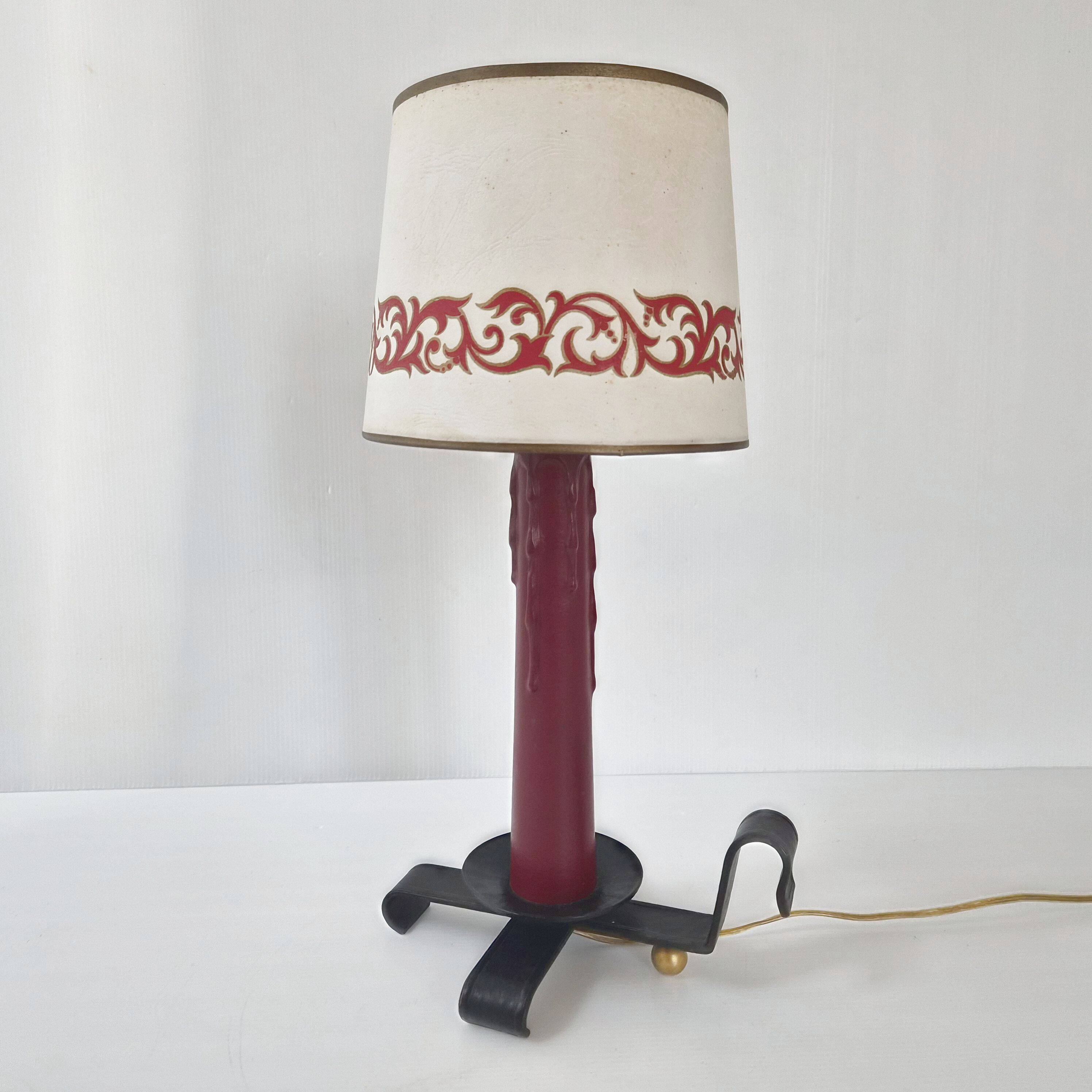 Vintage lamp in burgundy and black leather 1950