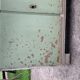 Vintage low wooden cabinet painted green and white with a floral fabric top (1950s)
