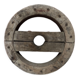 Roue en bois ancienne, poulie industrielle en bois, diamètre 35 cm