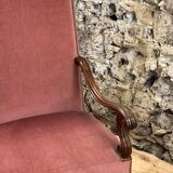 Armchair Voltaire or shepherdess and foot rest in pink velvet Louis XVI