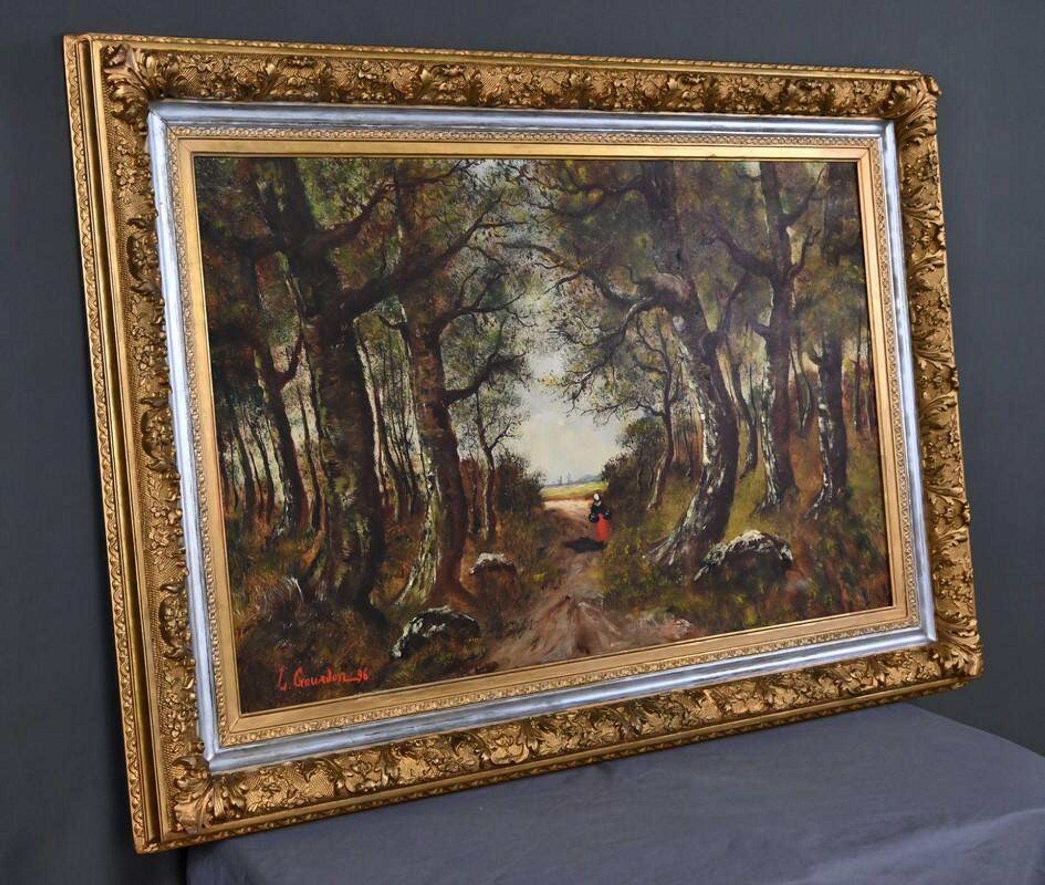 Important painting "Stroll in the Underwood", oil on canvas, signed L. Gourdon – 1896