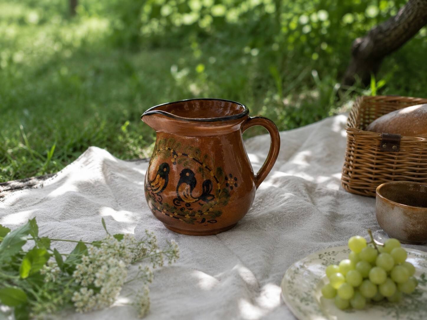 Glazed earthenware pitcher signed HR with a design of stylised birds.