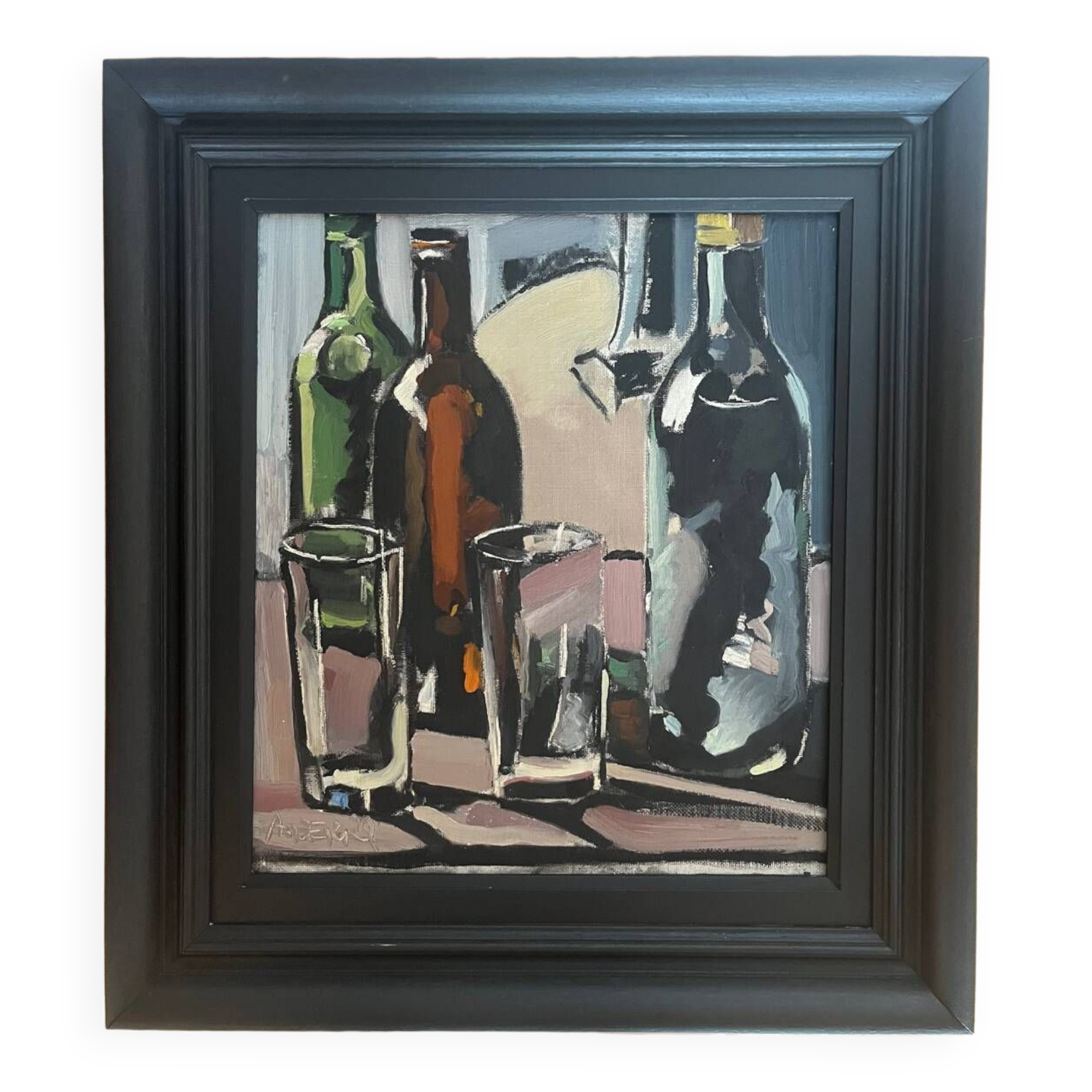 Still life with 2 glasses, oil on panel signed André Deriq