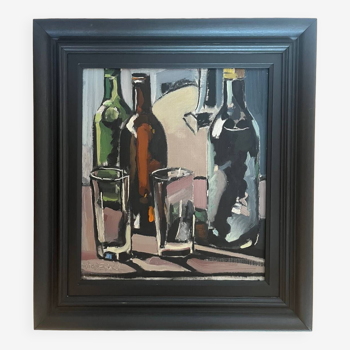 Still life with 2 glasses, oil on panel signed André Deriq