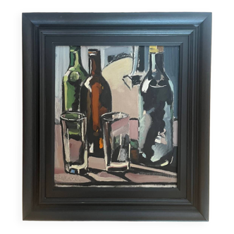 Still life with 2 glasses, oil on panel signed André Deriq
