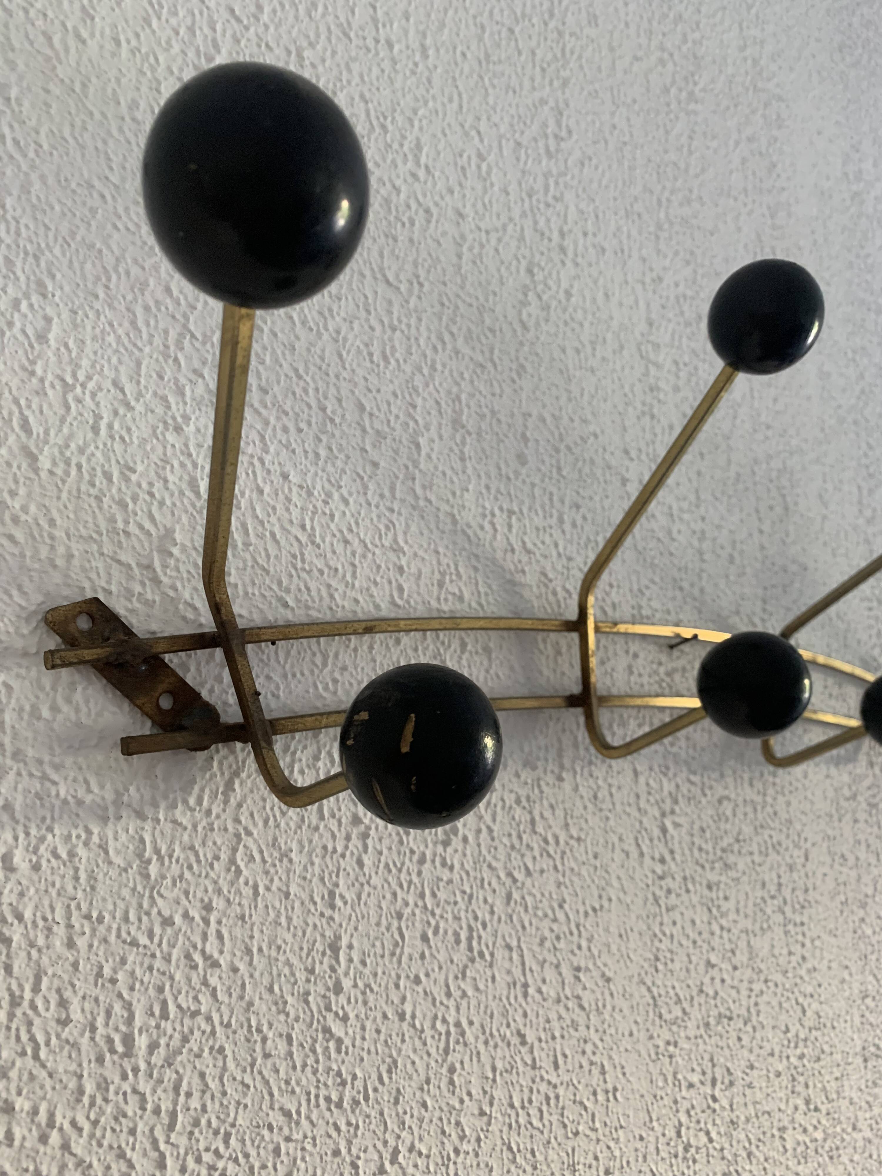 Portemanteau vintage 1960 doré 8 patères boules - 70 x 16 cm