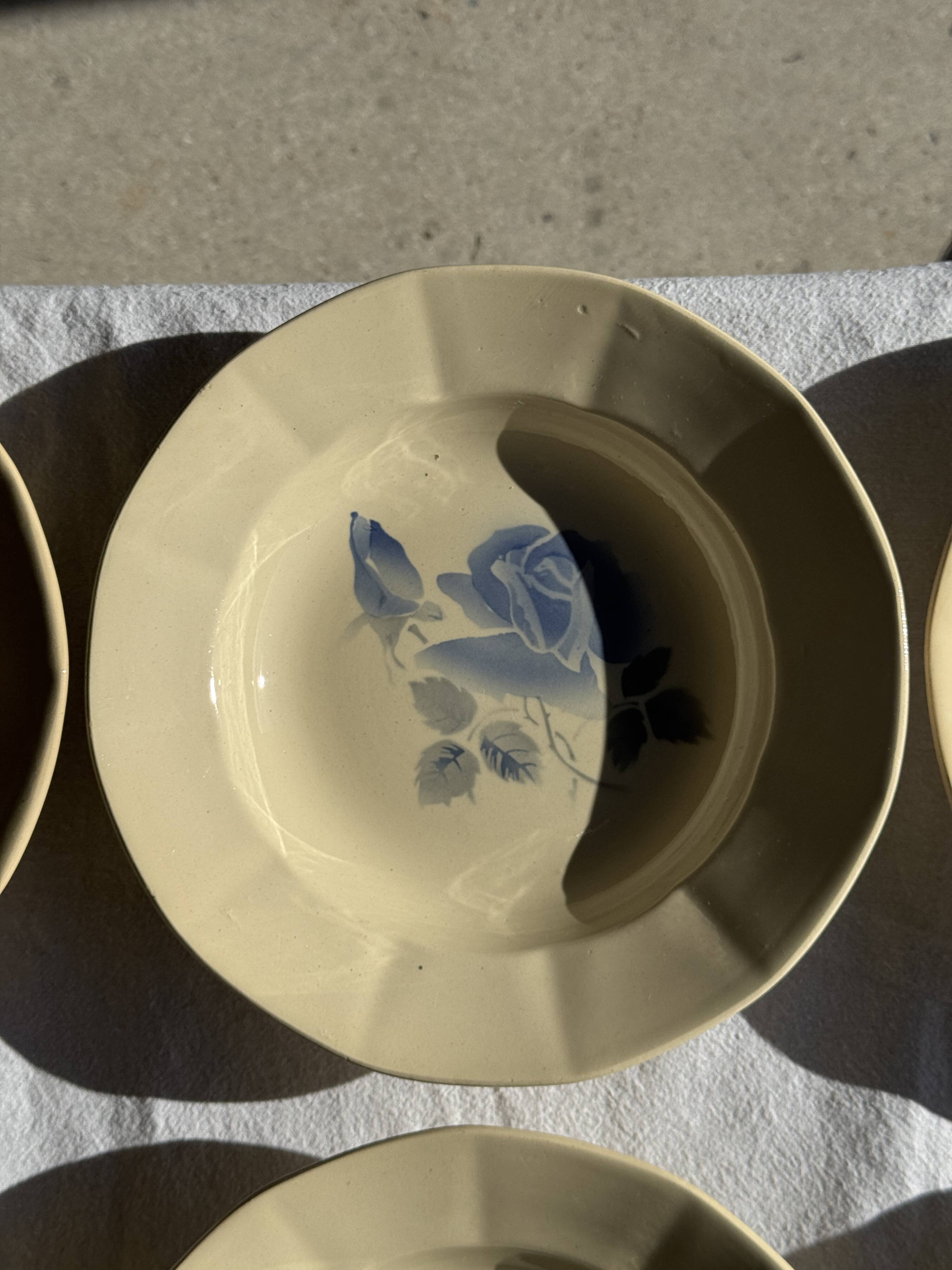 Set of 12 beige, pink, and blue deep plates from Digoin Sarreguemines, vintage.