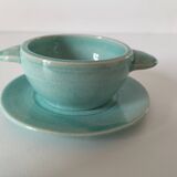 Earthenware bowl and saucer in glazed water green ceramic.